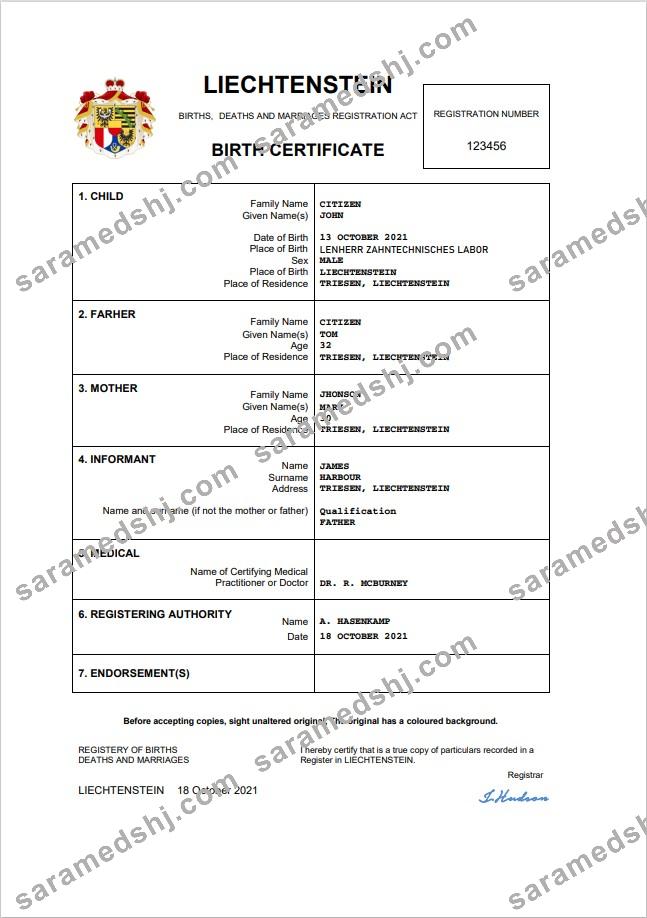 Liechtenstein vital record birth certificate Word and PDF template